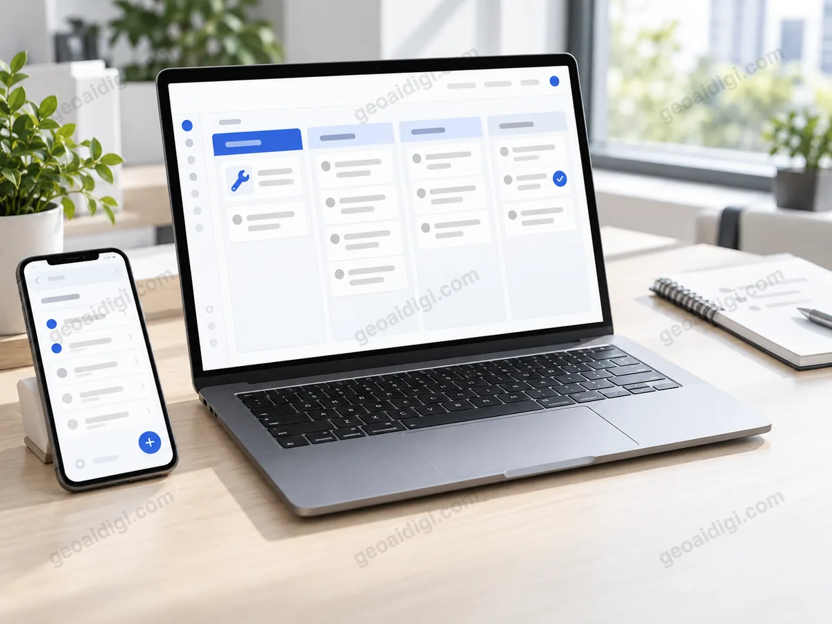 Minh hoạ laptop mở bảng kế hoạch bốn cột, từ thẻ sửa kỹ thuật website ở cột đầu tới thẻ đã xong ở cột cuối, cạnh điện thoại hiện danh sách việc