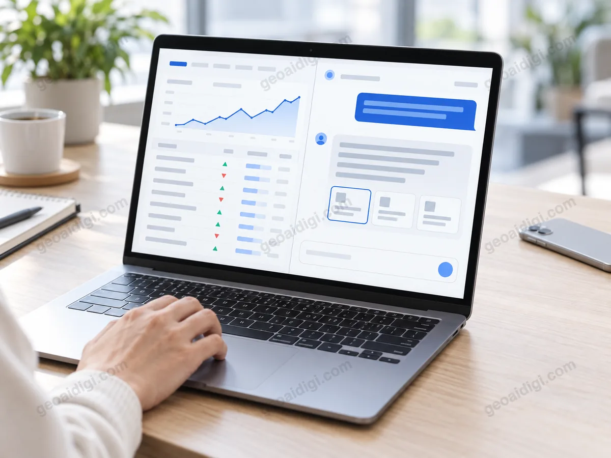 Minh hoạ tay đặt trên laptop có màn hình chia đôi: bên trái bảng xếp hạng từ khoá của SEO thường, bên phải câu trả lời của trợ lý AI có chip nguồn, ứng với hai nghĩa của dịch vụ SEO AI