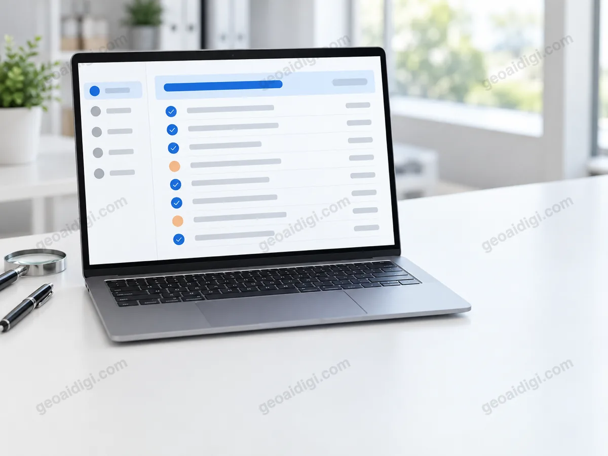 Minh hoạ laptop mở báo cáo kiểm tra dạng danh sách, phần lớn dòng có dấu tích xanh, vài dòng chấm cam cần sửa, cạnh kính lúp, ứng với một lần GEO audit