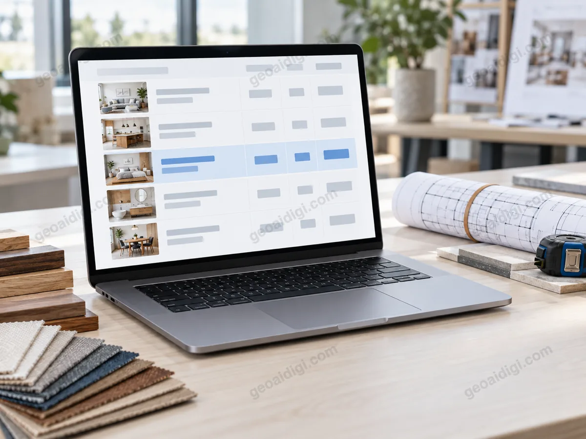 Minh hoạ laptop mở bảng báo giá dạng lưới cạnh mẫu gỗ, bảng màu vật liệu và cuộn bản vẽ, ứng với việc công ty nội thất, xây dựng công bố giá và dự án để AI dẫn