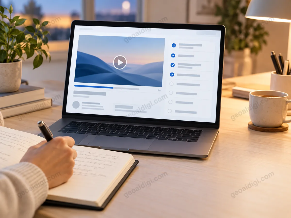 Minh hoạ tay ghi sổ tay trước laptop mở trang học online có khung video và danh sách bài học đã đánh dấu, ứng với việc tự học GEO theo lộ trình