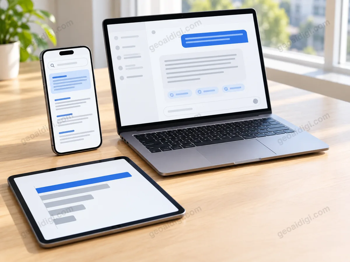 Minh hoạ điện thoại mở trang tìm kiếm đặt cạnh laptop mở khung chat trợ lý AI và máy tính bảng hiện biểu đồ cột, ứng với việc người Việt dùng cả Google lẫn AI